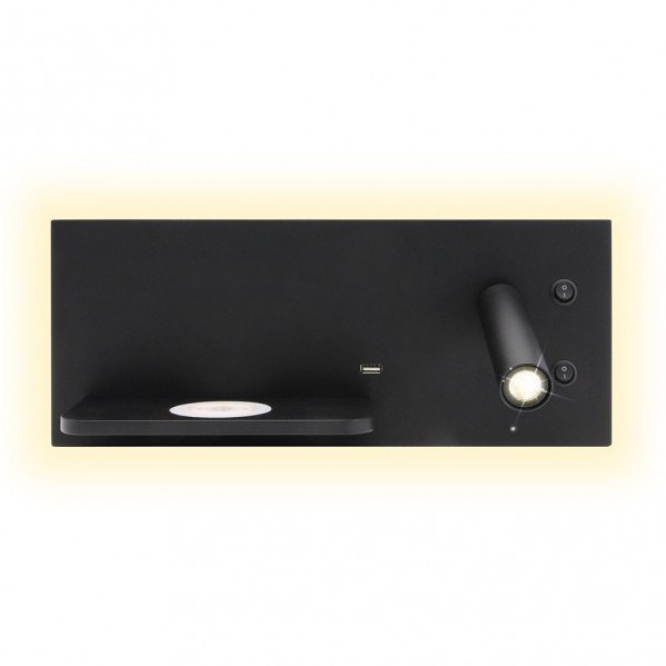 Aplique 2+8w 4000k Velazquez Dcho Negro Usb+qi 130lm Doble Encendido 14x35x14 Cm