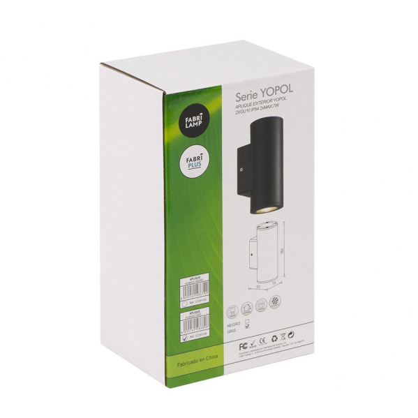 Aplique Exterior Yopol 2xgu10 Negro Cilindro Policarbonato 18,6x7,6x9,9 Cm Ip54