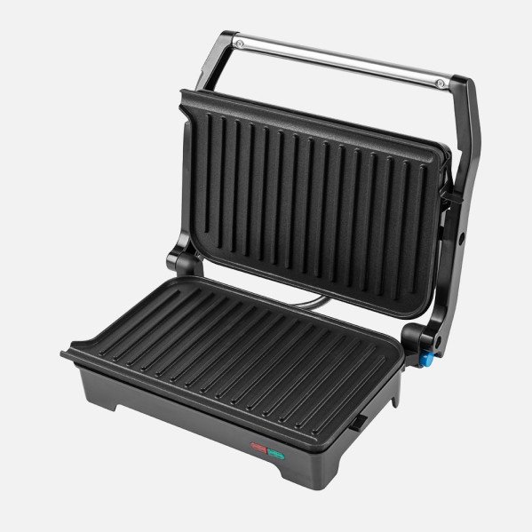 Grill Parrilla Galeon 1200w Negro/acero Apertura 180º Placa 26x16,5m Antiadherente Luz Ind.tacto Frio 11,5x29,5x26cm