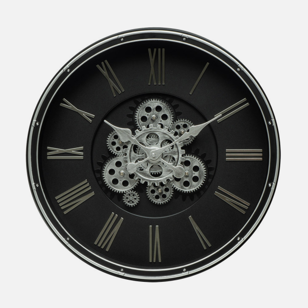 Reloj De Pared Cacin Negro/plata 50x50x6cm Engranajes Con Movimiento