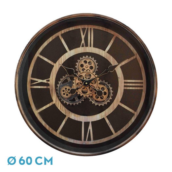 Reloj De Pared Durcal Marron/haya/oro 60x60x8cm Engranajes Con Movimiento