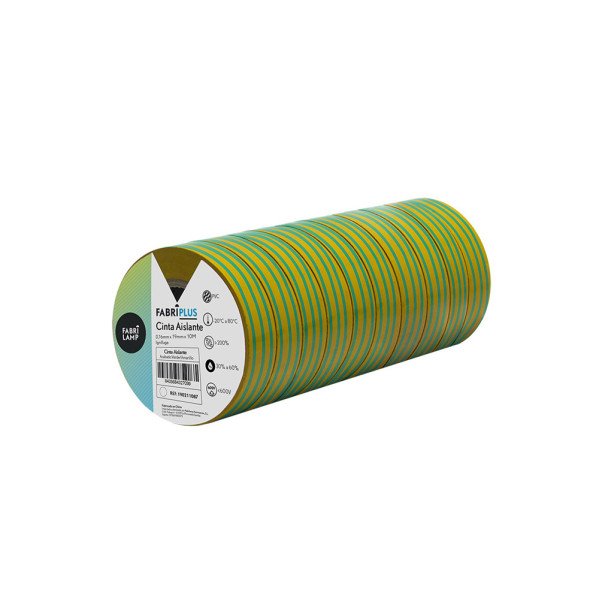 Rollo Cinta Aislante Pvc Verde/amarillo 19mmx10m Para Elecectricista Flexible Y Duradera