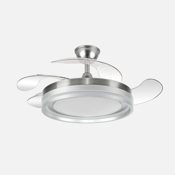 Ventilador Dc Cerrato Niquel 59w 4aspas Desplegables 107d 6980lm 6vel 3000k,4000k,6000k, Remoto+reg.intens.+temporizador+memoria
