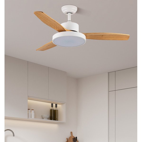 Ventilador Dc Kavala 48w Blanco 3aspas Haya 112d 6velocidades 4078lm 3000-4000-6000k Remoto+memoria+temporizador