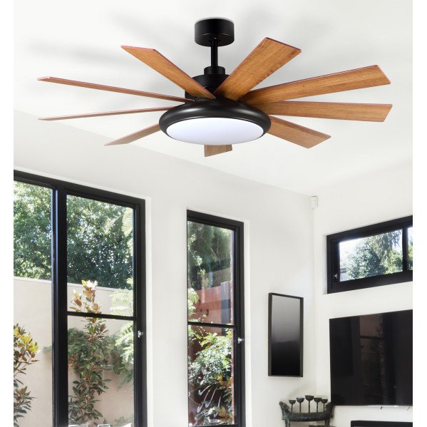Ventilador DC Pireo 36w Negro 9 Aspas Roble/haya 6 Vel 3000k, 4500k, 6000k 3800lm 132d C/Remoto, Memoria Y Temporizador